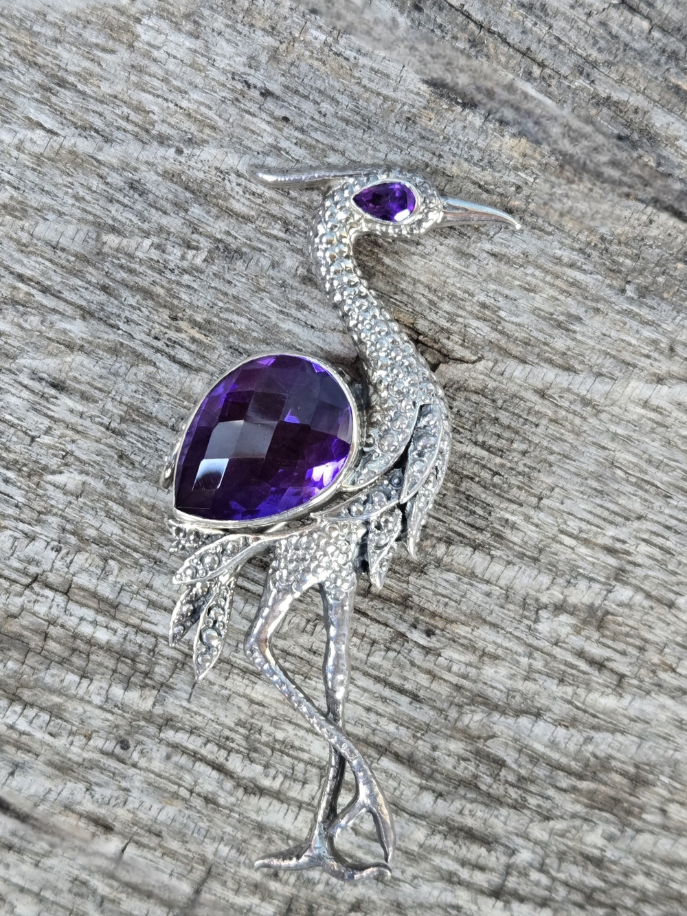 NICKY BUTLER Designer 925 Sterling Silver Purple Amethyst Quartz Heron Brooch NB